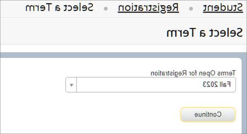 Screenshot of Select a Term webpage showing "Terms Open for Registration" drop-down menu.
