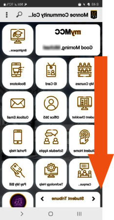 Screenshot of a mobile phone screen showing the myMCC tiles with an arrow pointing down, indicating to scroll down for the Registration tile.