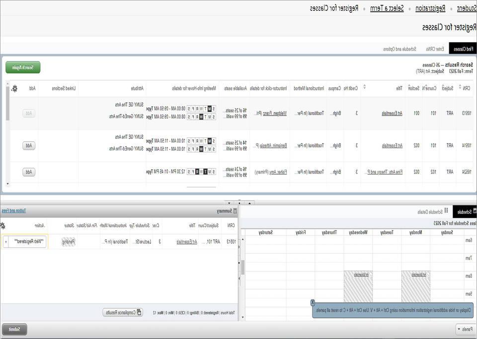 Screenshot of 注册 for Classes webpage showing class search results with Add buttons for each course, a week‐at‐a‐glance class schedule view, and a Summary showing a course in Pending status.